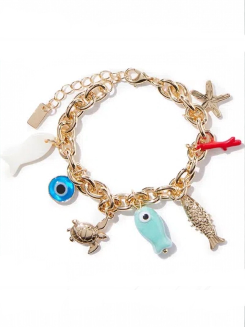 Gold Tone Ocean 🌊 Theme Charm Bracelet with Fish 🐟 Turtle 🐢 Evil Eye 🧿
